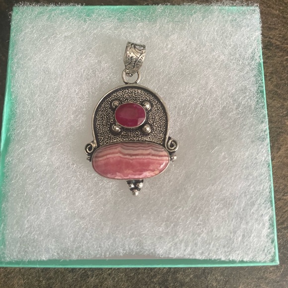 Ruby / Striped Rhodochrosite 925 Sterling Silver Pendant /Hand Crafted ❤️ - Picture 5 of 6